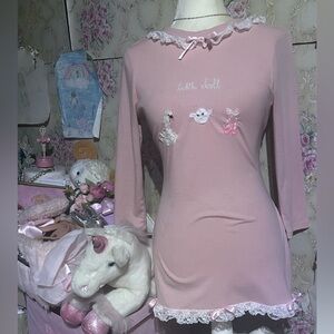 Little doll 🎀🦢🩰 ooak mauve pink sweater top/ dress ribbon tie bows sheep ballet
